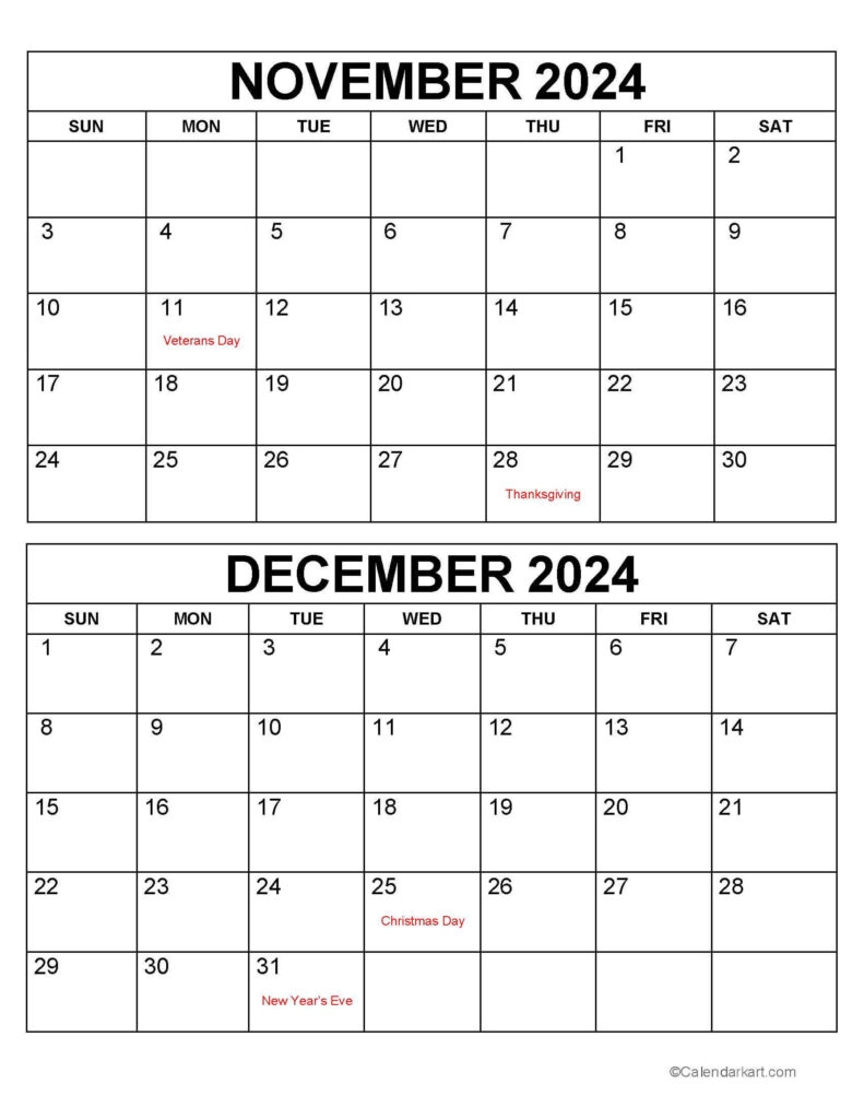 Printable Calendar November December 2024 Printable Calendar 2024