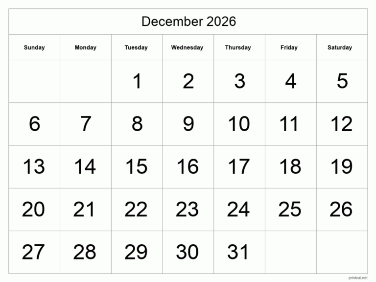 Printable December 2026 Calendar Free Printable Calendars
