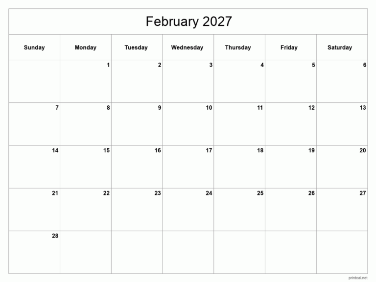 Printable February 2027 Calendar Free Printable Calendars