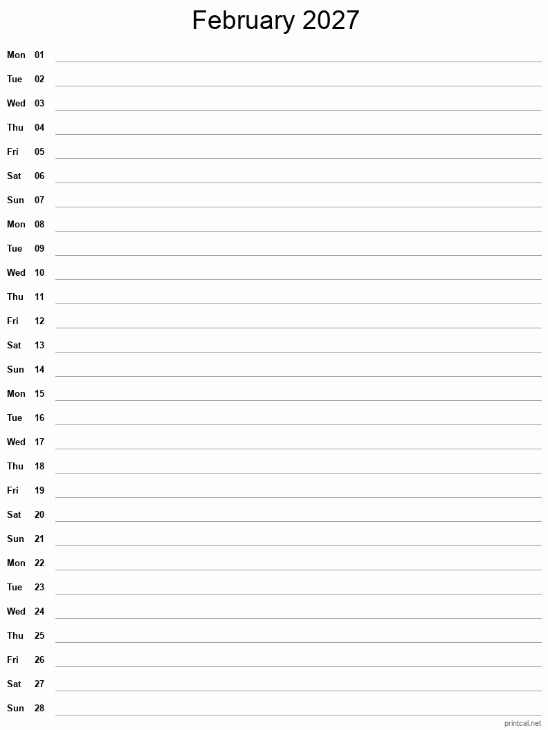 Printable February 2027 Calendar Free Printable Calendars