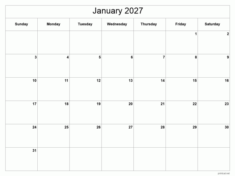 Printable January 2027 Calendar Free Printable Calendars