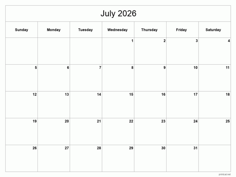 Printable July 2026 Calendar Free Printable Calendars