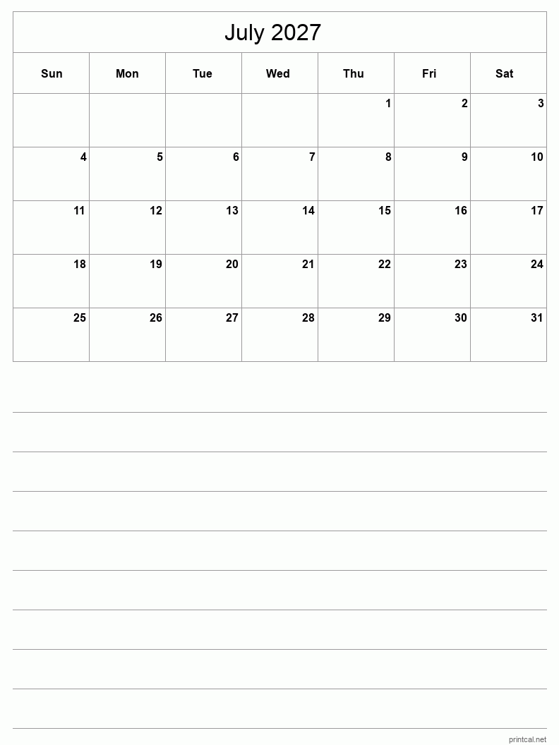 Printable July 2027 Calendar Free Printable Calendars