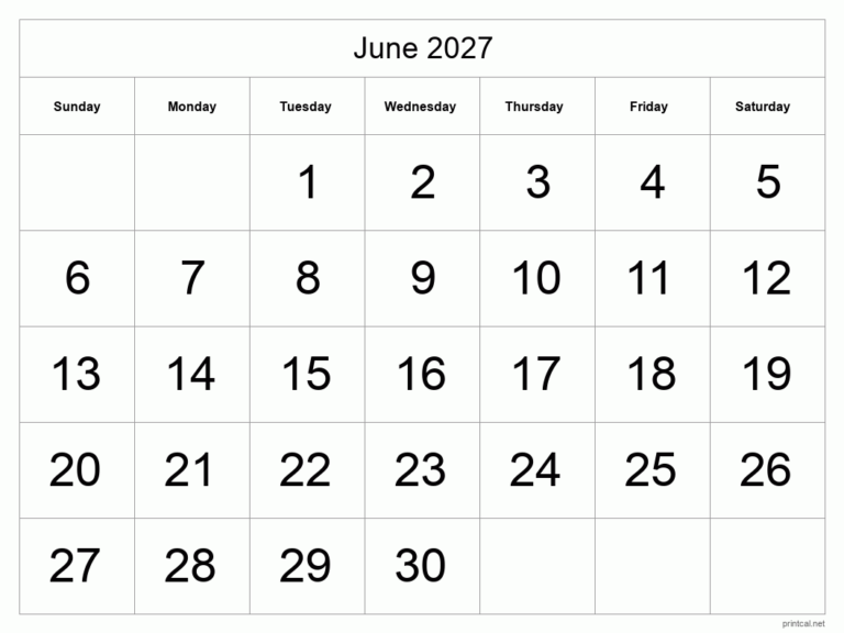 Printable June 2027 Calendar Free Printable Calendars