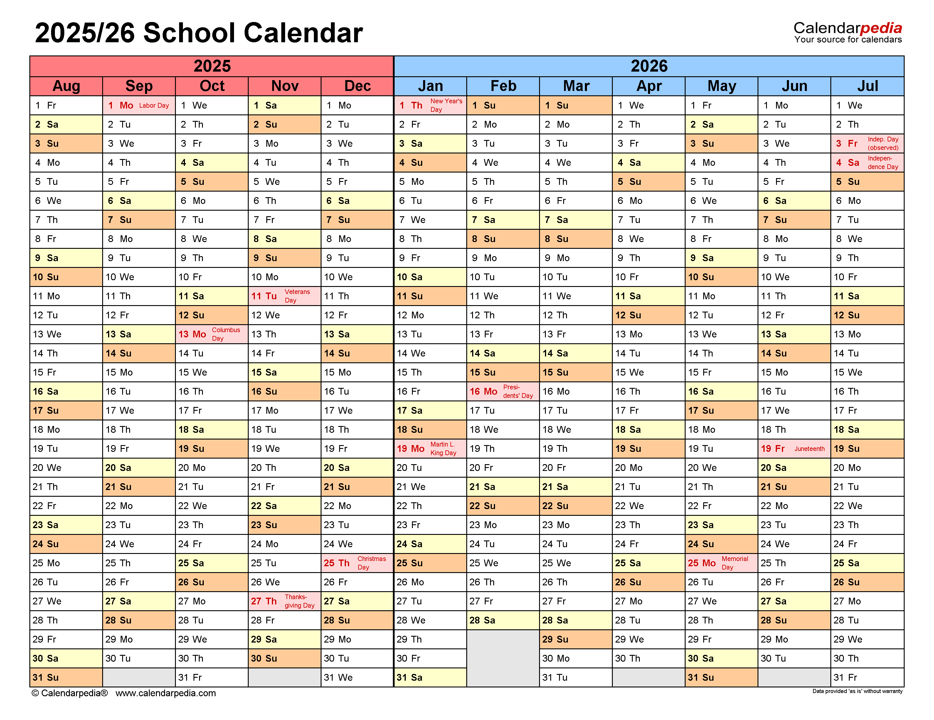 Printable School Calendar 2025 26 Pdf Oscar Blake