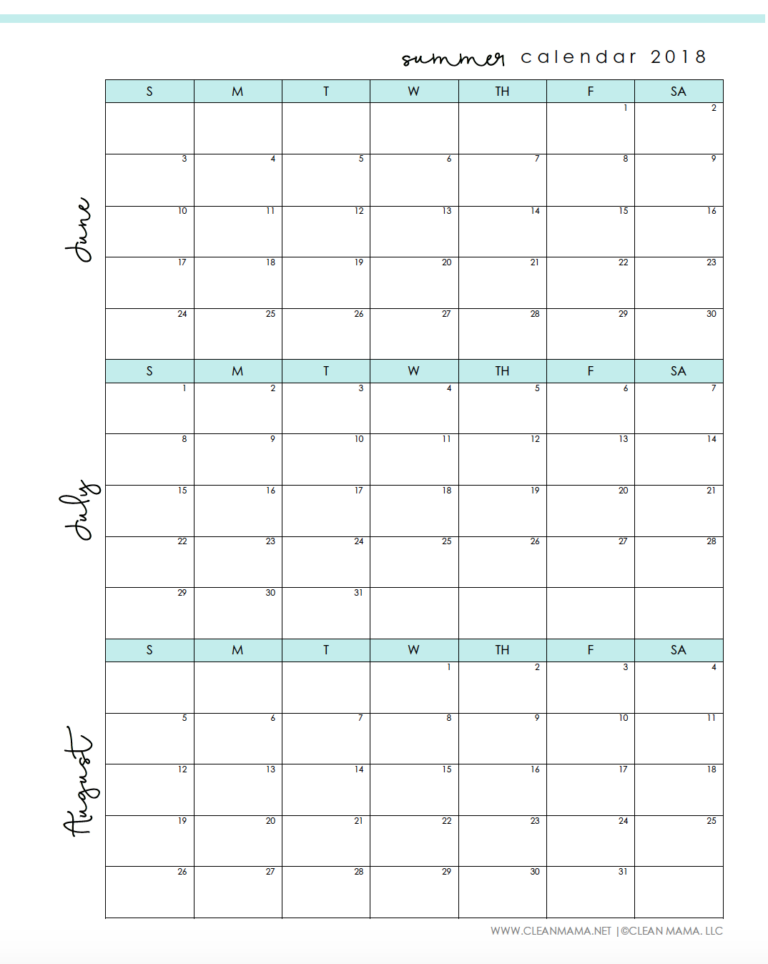 Printable Summer Calendar