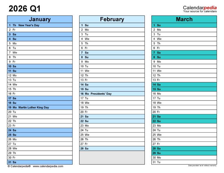 Quarterly Calendars 2026 Free Printable PDF Templates