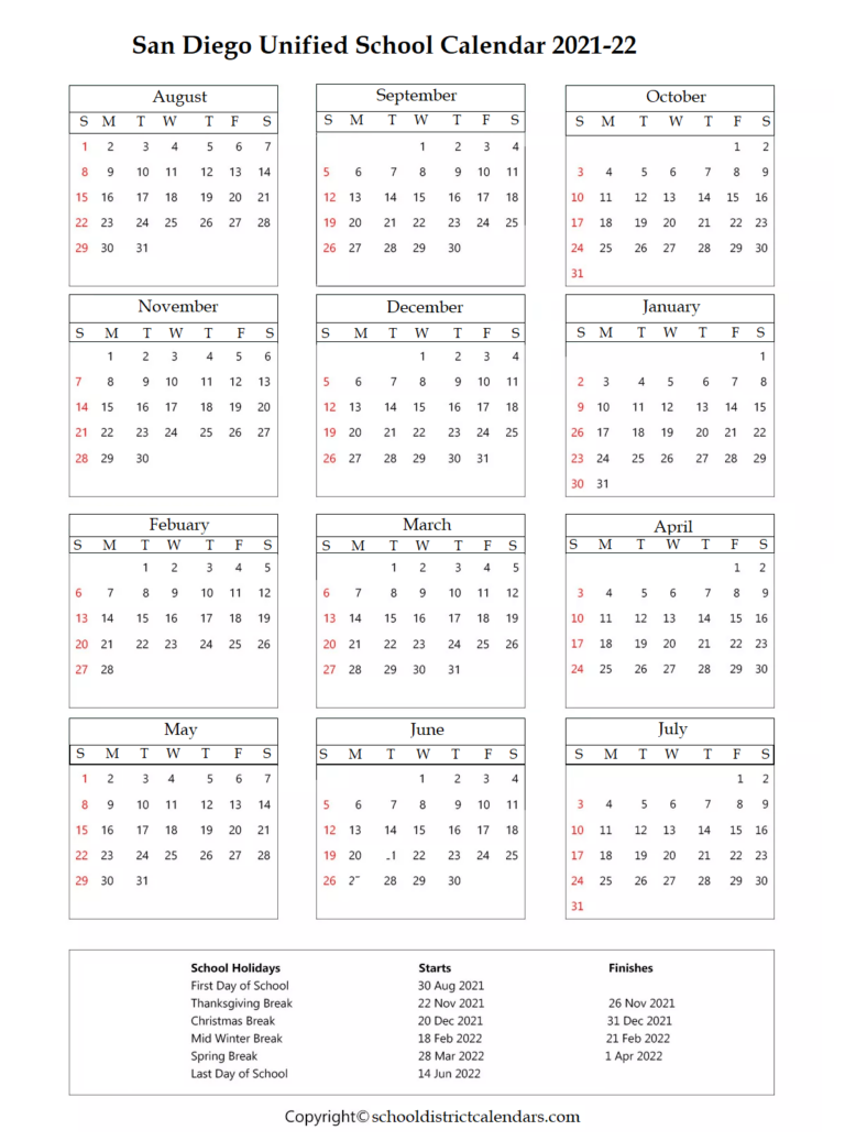 San Diego Unified Calendar 2023 Printable Calendar Printables