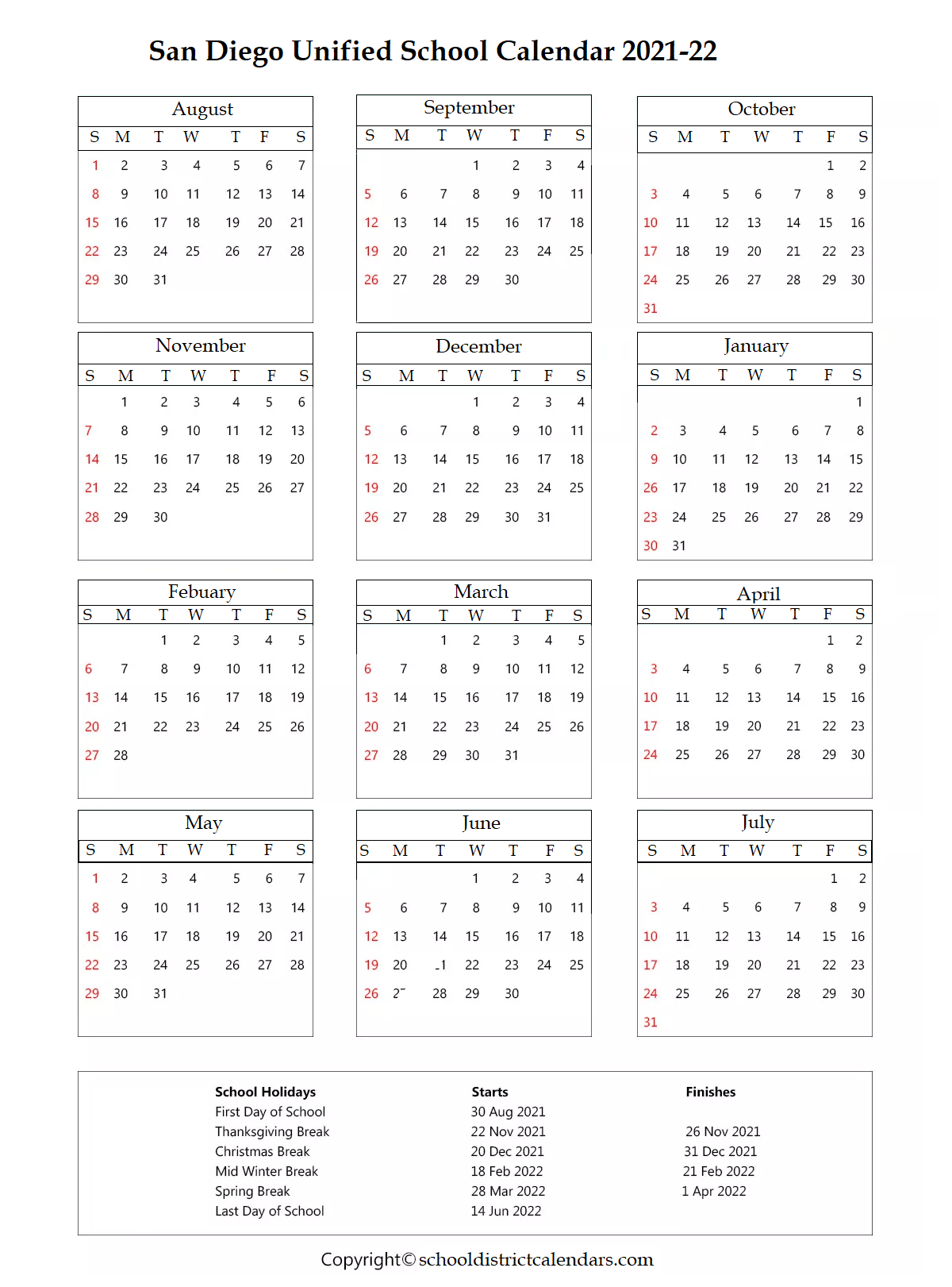 San Diego Unified Calendar 2023 Printable Calendar Printables