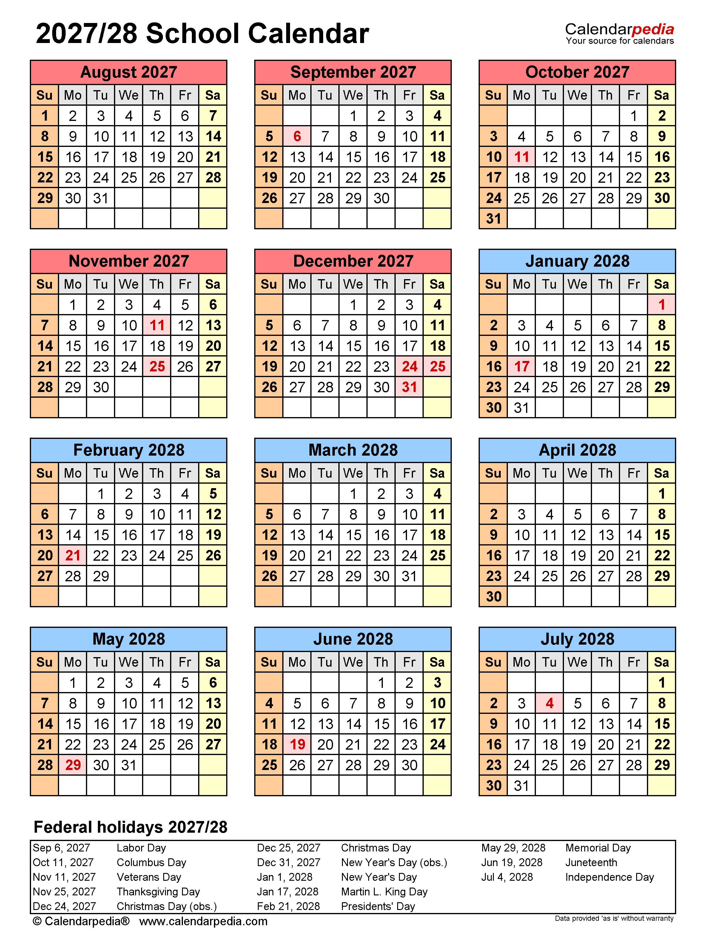 School Calendars 2027 2028 Free Printable PDF Templates