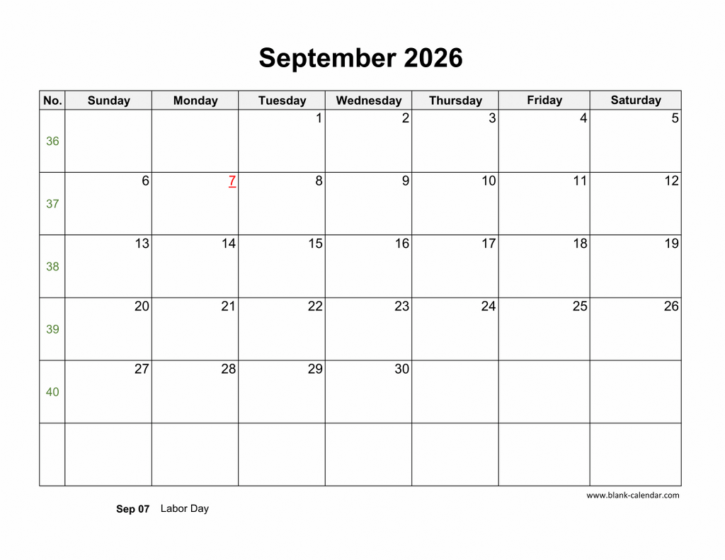 September 2026 Blank Calendar