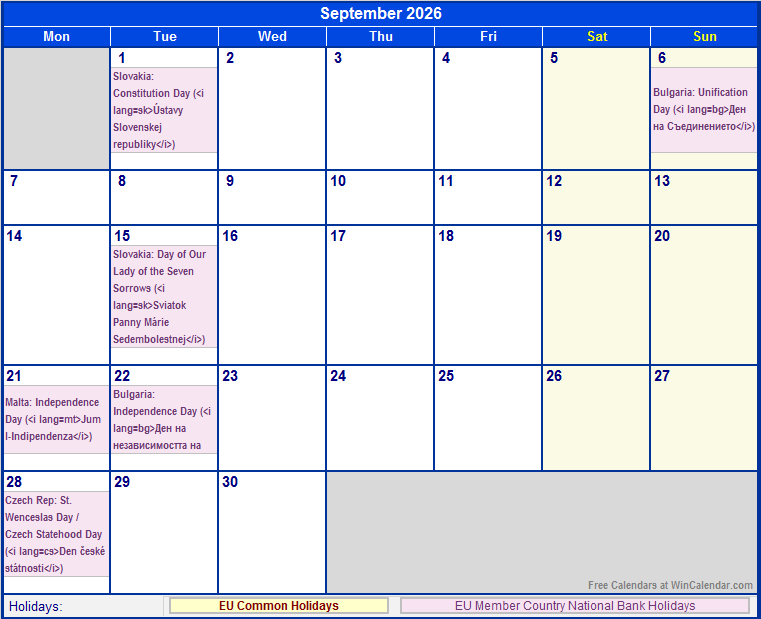 September 2026 EU Calendar With Holidays For Printing image Format