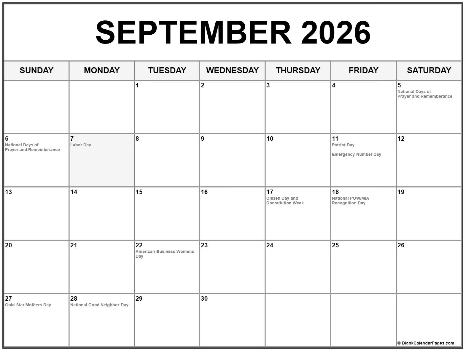 September 2026 With Holidays Calendar
