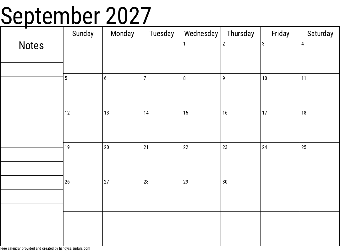 September 2027 Calendar With Notes Handy Calendars