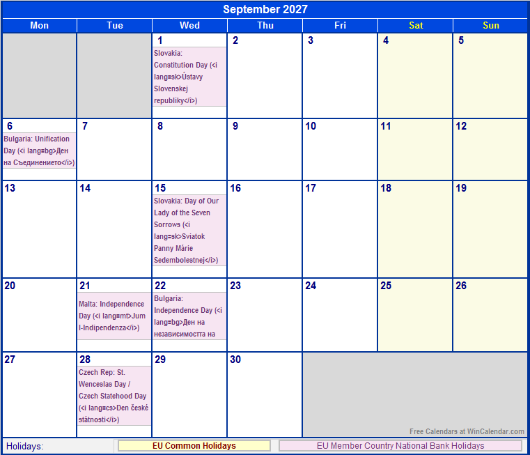 September 2027 EU Calendar With Holidays For Printing image Format 