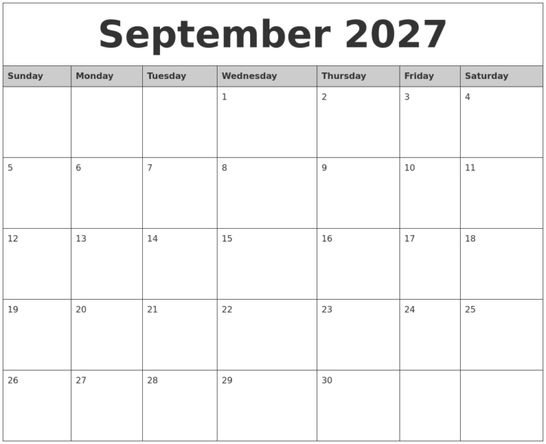 September 2027 Monthly Calendar Printable