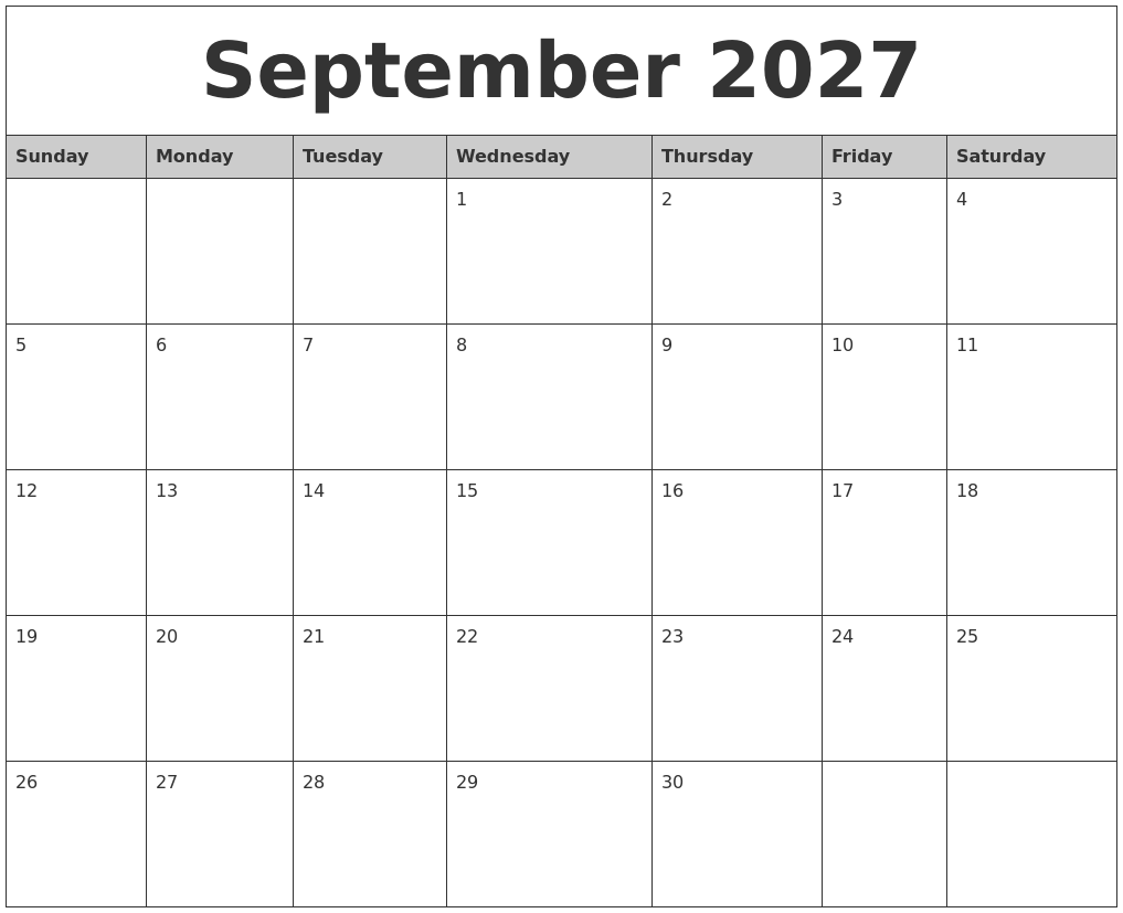 September 2027 Monthly Calendar Printable