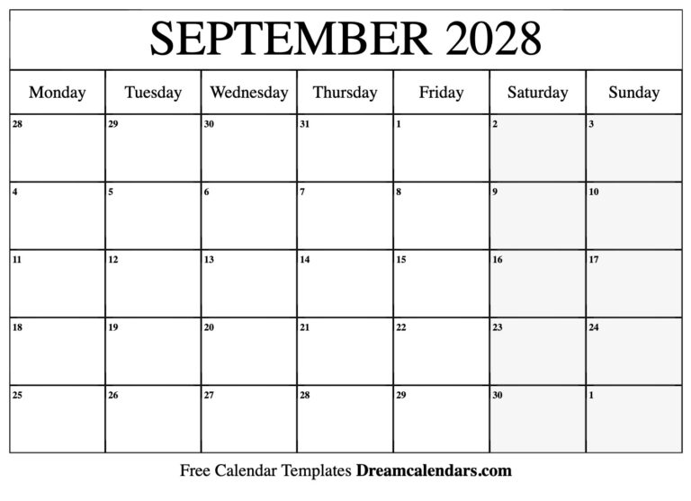 September 2028 Calendar Free Printable With Holidays And Observances