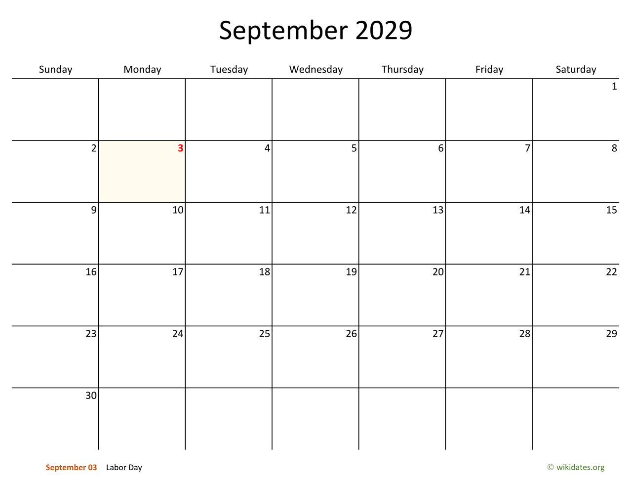 September 2029 Calendar With Bigger Boxes WikiDates