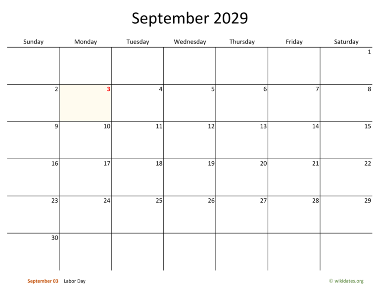 September 2029 Calendar With Bigger Boxes WikiDates