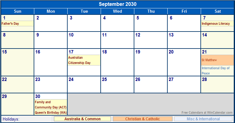 September 2030 Australia Calendar With Holidays For Printing image Format 