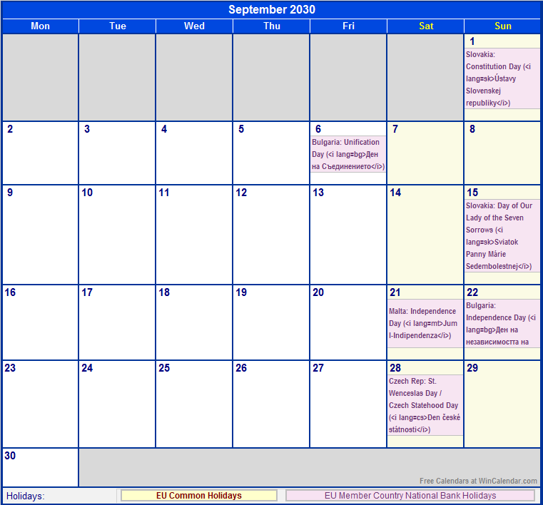 September 2030 EU Calendar With Holidays For Printing image Format