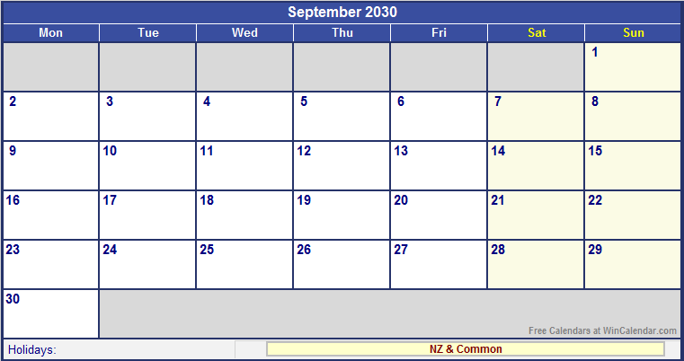 September 2030 New Zealand Calendar With Holidays For Printing image