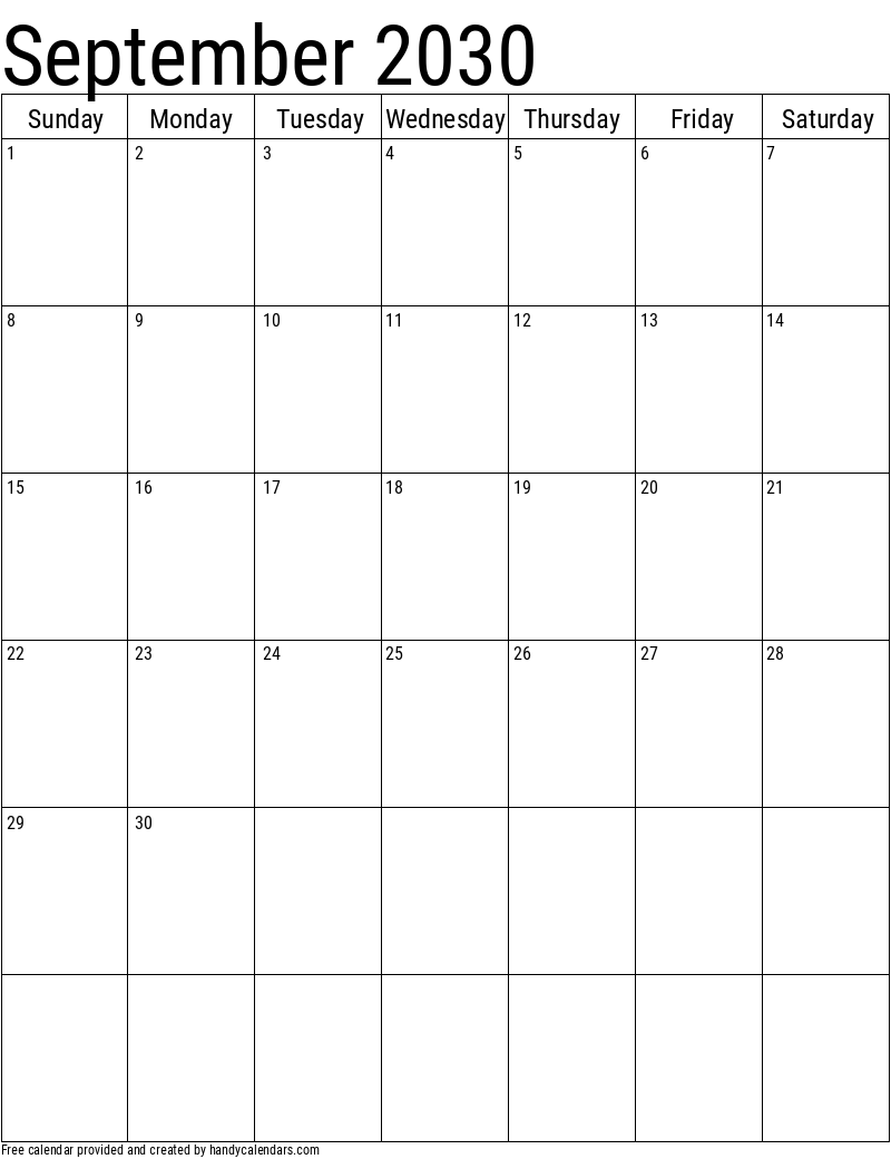 September 2030 Vertical Calendar Handy Calendars