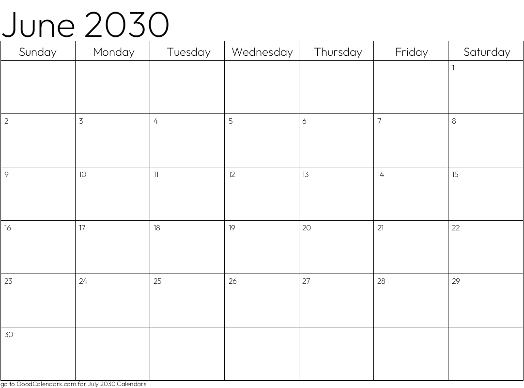 Standard June 2030 Calendar Template In Landscape