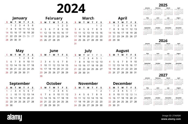 Vector 2024 2025 2026 2027 Horizontal English Calendars Simple 