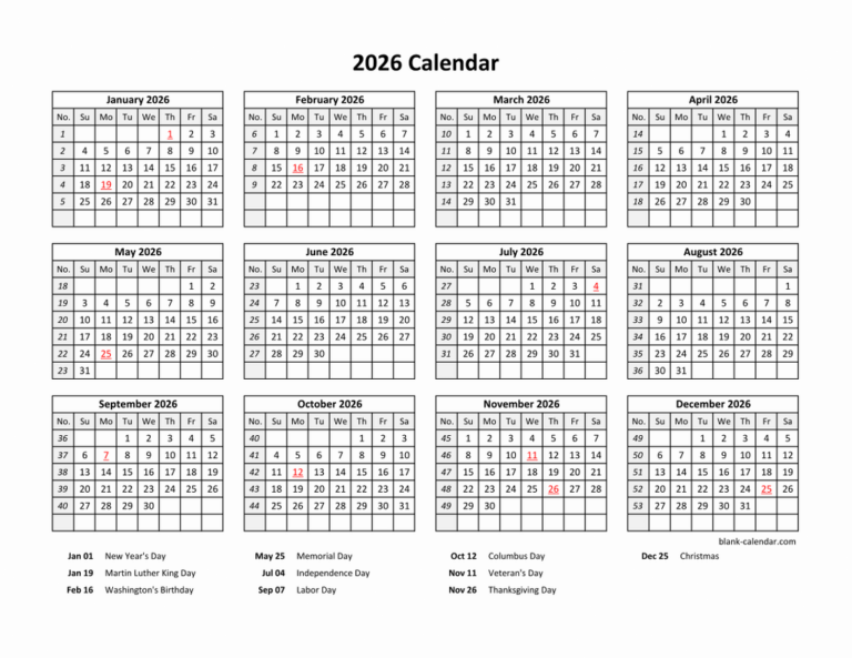 Yearly 2026 Calendars
