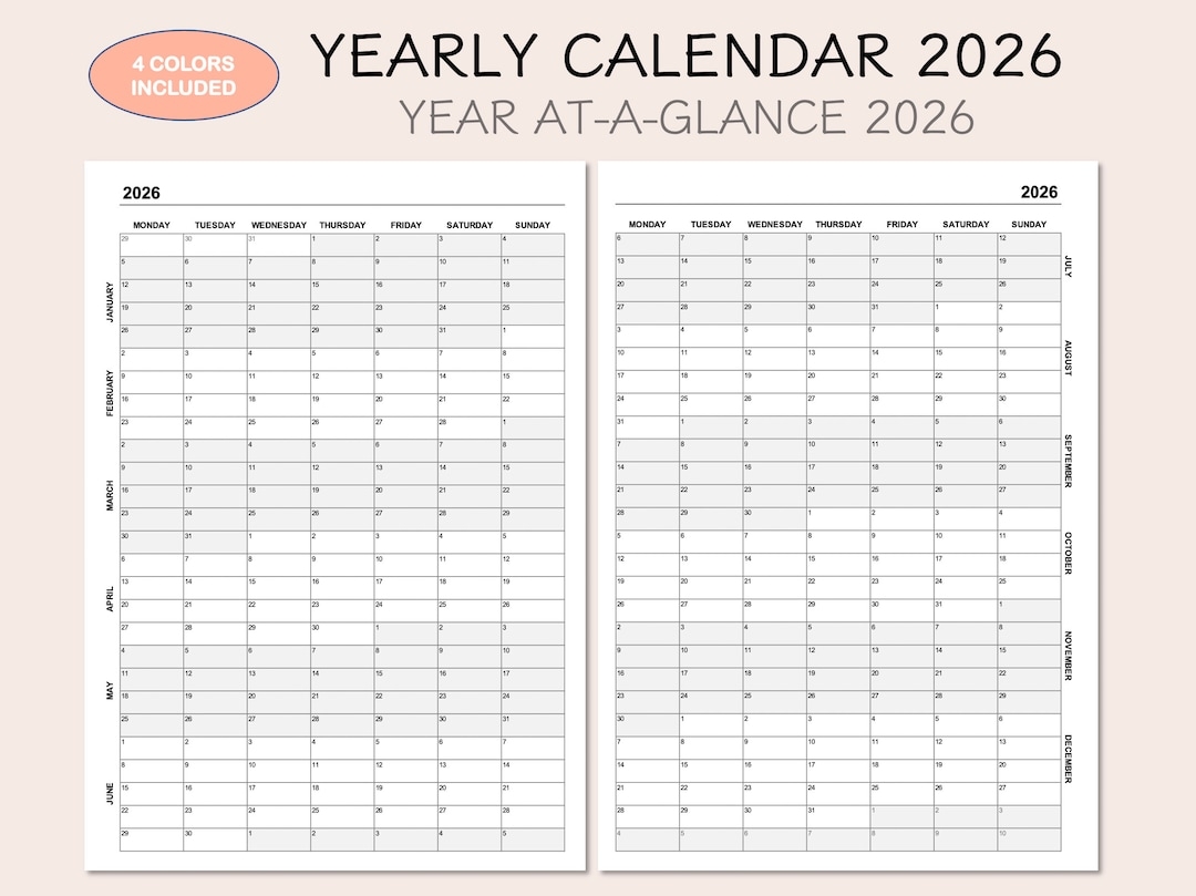 Yearly Calendar 2026 Printable Calendar 2026 Year At A Glance 2026 