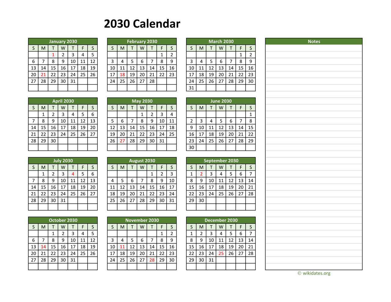 Yearly Printable 2030 Calendar With Notes WikiDates